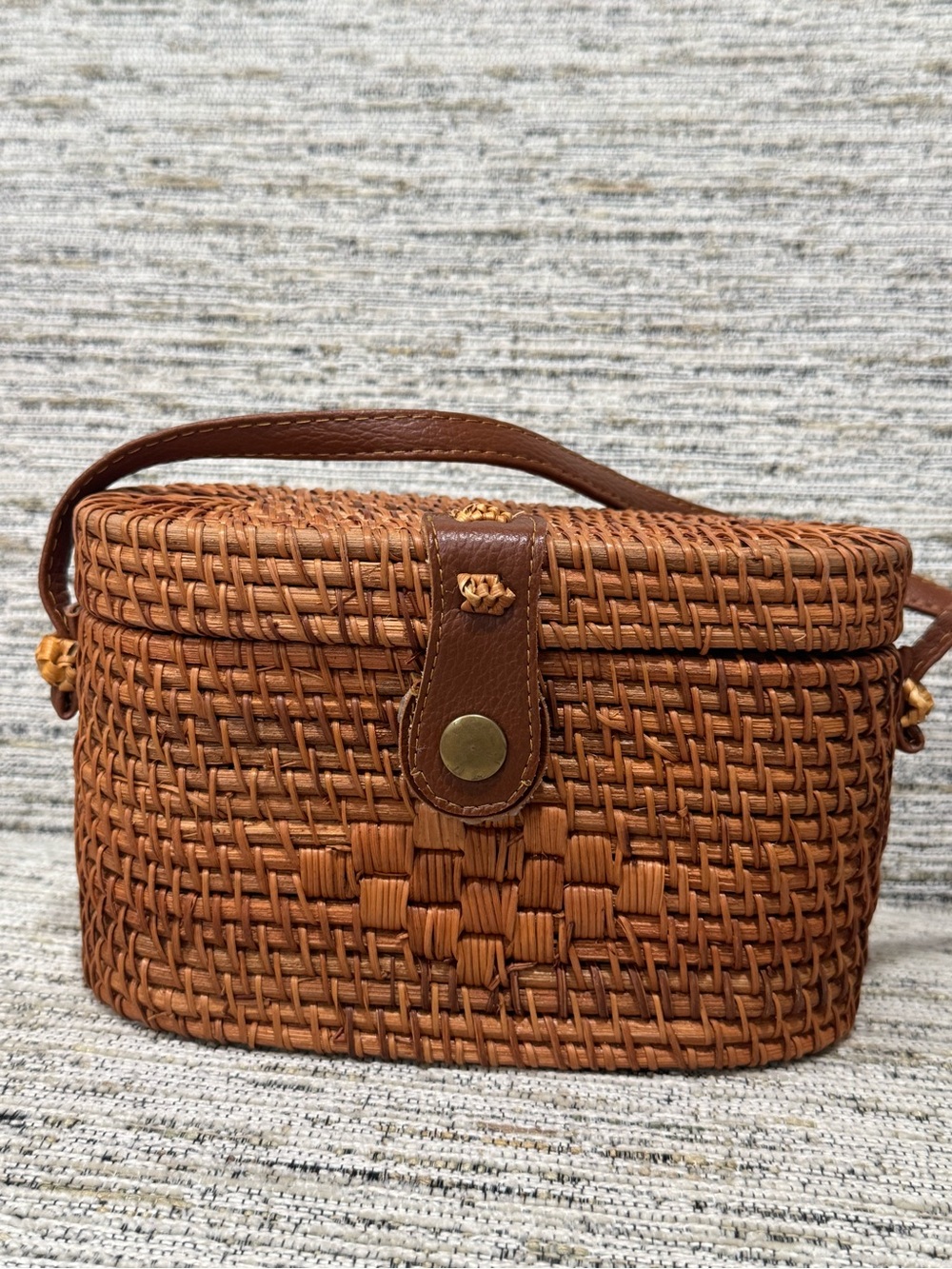 Expressions Woven Tan Crossbody Bag with Brown Trim